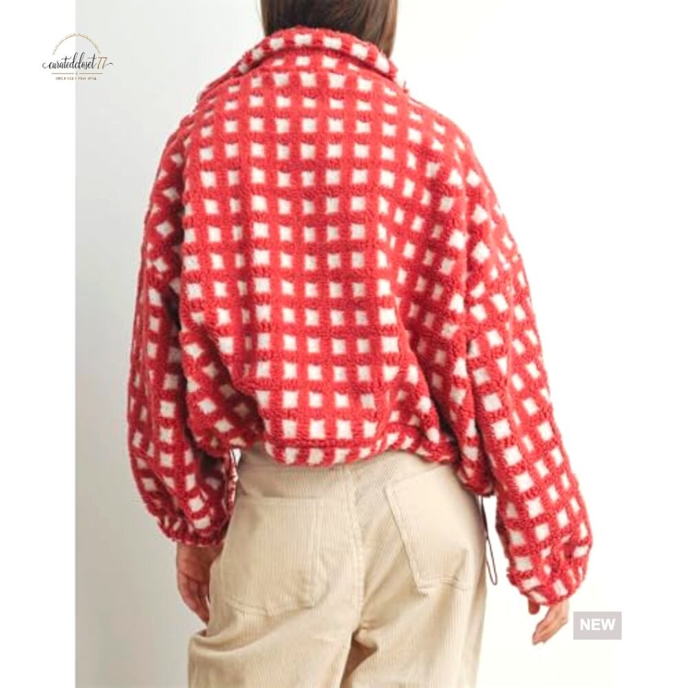 Cropped Sherpa Jacket Plaid Fleece Zip Up Casual Long Sleeve with Pockets - Picture 3 of 7